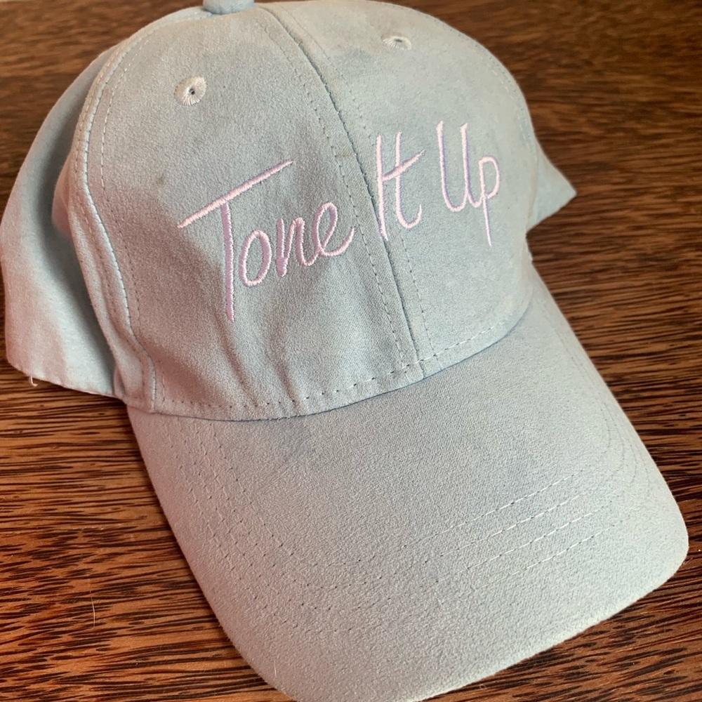 Blue suede Tone It Up hat with buckle back